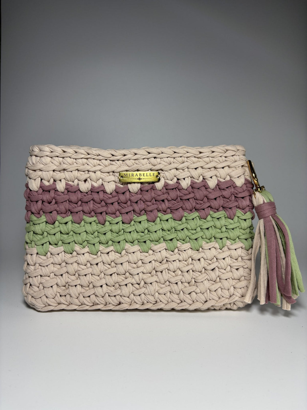 Pochette rayée écru et sauge, vue de face