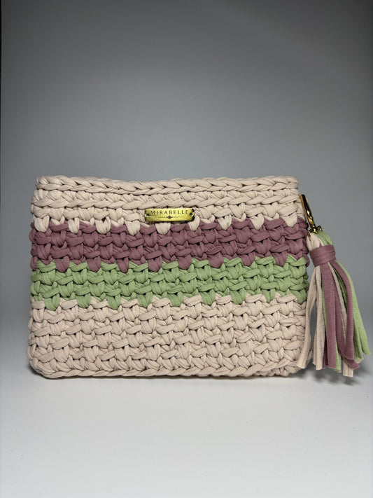 Pochette rayée écru et sauge, vue de face