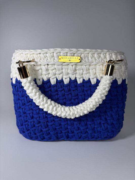 Cabas Mirabelle bleu roi et blanc, bordure en dents de vague, vue de face