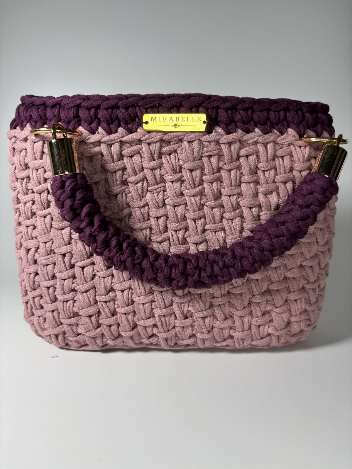 Cabas Mirabelle rose vieilli à bordure aubergine, vue de face