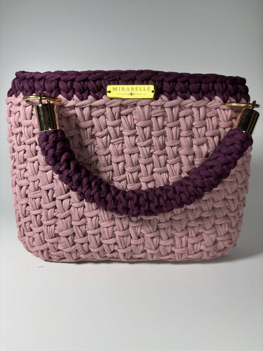 Cabas Mirabelle rose vieilli à bordure aubergine, vue de face